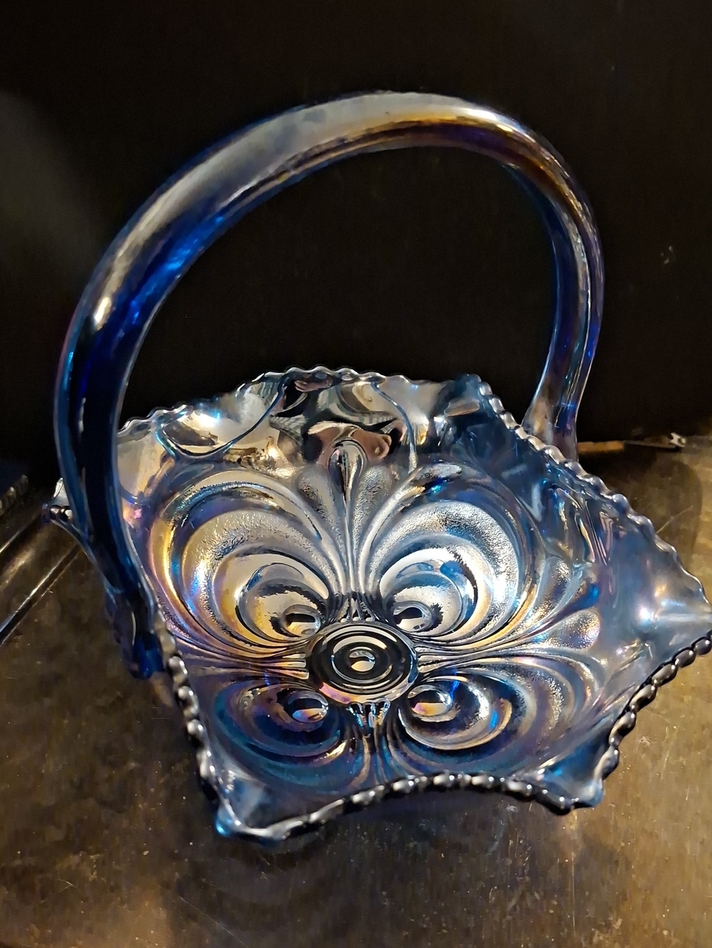 1980s L. E. Smith Carnival Glass Basket